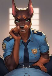 ai_generated anthro clothed dobermann female green_eyes human human_on_anthro muscular_female police_dog police_uniform seductive