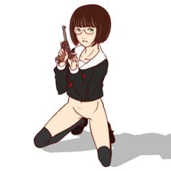 1girls bob_cut bottomless brown_hair female female_only glasses green_eyes gun gusu handgun kneeling looking_at_viewer pistol ruger_p08 serafuku short_hair simple_background skinny solo thighhighs weapon white_background