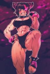 1girls abs biceps black_panties breasts cleavage feet fingerless_gloves glowing_eyes hair_horns hi_res juri_han large_breasts looking_down muscular muscular_female panties pixel_art purple_eyes spiked_collar spoiledmuffin sports_bra streaked_hair street_fighter thick_thighs underwear