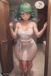 1futa 2024 ai_generated annoyed answering_door balls ballsack big_penis blush breasts confused door doors front_view futa_only futanari green_eyes green_hair high_resolution highres human indoors looking_at_viewer one-punch_man penis precum precum_drip precum_string question_mark scrotum self_upload semi-erect shadyfox short_hair solo spoken_question_mark stable_diffusion standing steam steaming_body steamy_breath tatsumaki testicles towel towel_only uncensored uncut veins veiny veiny_penis wet