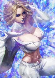 1girls abs blonde_hair blue_eyes blue_lipstick breasts busty cleavage cleavage_cutout diamond emma_frost gloves light-skinned_female light_skin marvel marvel_comics monorirogue muscular_abs mutant superheroine telepath white_outfit white_queen x-men