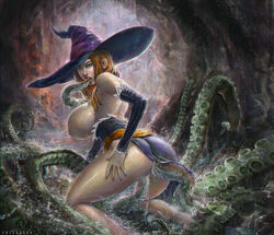 ass breasts brown_hair cave detached_sleeves double_penetration dragon's_crown dress female hanging_breasts huge_breasts monster nail_polish nipples octopus oral paulo_barrios sorceress_(dragon's_crown) suckers tentacle tentacle_sex water witch_hat zoophilia