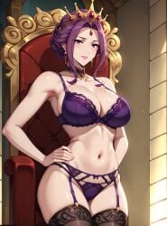 1female 1girls ai_generated athletic athletic_female big_breasts black_stockings bra breasts choker cleavage crown female female_only g-string garter_belt hi_res high_resolution highres large_breasts lingerie looking_at_viewer milf mirelia_q_melromarc purple_lingerie queen solo solo_female stockings tate_no_yuusha_no_nariagari the_rising_of_the_shield_hero