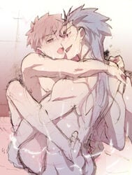 2boys anal ass blue_eyes blue_hair blush cu_chulainn_(fate) emiya_shirou fate/stay_night fate/zero fate_(series) long_hair male male_only multiple_boys naughty_face nude open_mouth red_eyes red_hair short_hair size_difference sweat yaoi