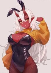 1girls akumi bunny_ears bunny_girl bunnysuit female horns juwei leotard oni oni_horns red_skin scared scars solo solo_female solo_focus virtual_youtuber vyugen white_hair yellow_eyes