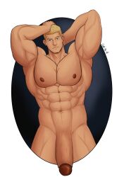 1boy abs bara big_muscles big_pecs big_penis blonde_hair bound_to_college callmea_(artist) gay hair huge_cock human hunk male male_only max_(bound_to_college) muscular muscular_human muscular_male navel nipples nude pecs penis signature solo