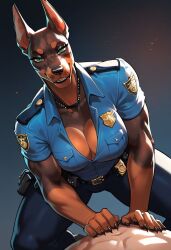 ai_generated anthro before_sex choker cleavage clothed dobermann female female_on_top green_eyes human human_on_anthro muscular_female police_dog police_uniform seductive unclothing