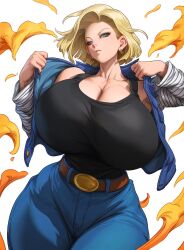 ai_generated android_18 black_shirt blonde_hair blue_jeans cleavage clothed_breasts clothed_female dragon_ball dragon_ball_z hourglass_figure huge_breasts massive_breasts opening_jacket serious serious_look short_hair wide_hips