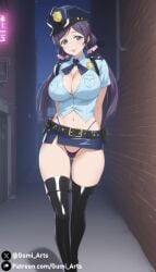 1girls ai_generated cleavage female female_only fully_clothed g_string green_eyes gumi_arts large_breasts lips love_live! love_live!_school_idol_project microskirt night outdoors panty_peek pantyshot police_hat police_uniform purple_hair revealing_clothes skimpy_clothes stable_diffusion standing stockings thick_thighs thigh_boots thong thong_straps toujou_nozomi uniform