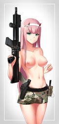 areolae breasts cowfee darling_in_the_franxx female female_only gun horns looking_at_viewer nipples shorts solo topless zero_two_(darling_in_the_franxx)