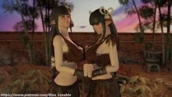 2girls ass big_ass big_breasts big_butt big_thighs breasts clothed clothing confident hinoa minoto monster_hunter monster_hunter_rise multiple_girls sfw shy sister sisters thick_ass thick_thighs thighs tits_out twins