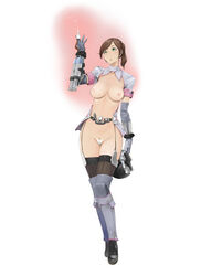 bangs breastless_clothes breasts brown_hair c-string contrapposto elbow_gloves female full_body garter_straps gauge green_eyes large_breasts makochin nipples ponytail pubic_hair revealing_clothes short_hair short_sleeves simple_background solo syringe thighhighs tied_hair