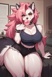 1girls ai_generated artist_request_miss_io bubble_blowing bubblegum chewing_gum ear_piercing female furry furry_female gothic_girl gum helluva_boss loona_(helluva_boss) miss_io muscular_thighs pink_hair pircing solo tagme thick_thighs thighs wolf_girl