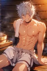 1male abs ai_generated bara bete_loga choker dungeon_ni_deai_wo_motomeru_no_wa_machigatteiru_darou_ka face_tattoo gray_hair looking_at_viewer male male_focus male_only muscular_male nipples sauna sitting smiling smiling_at_viewer solo solo_focus solo_male steam steaming_body tattoo towel towel_around_waist towel_on_shoulder werewolf wolf_boy wolf_ears yaoi yellow_eyes