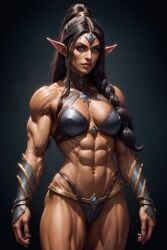 abs ai_generated armored_bikini armored_bra armored_panties bikini blue_eyes dark-skinned_female dark_skin elf_female elf_girl gauntlets muscle_girl muscular muscular_elf muscular_female pointy_ears