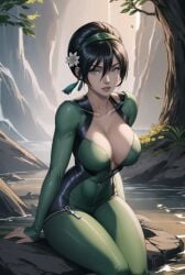 1girls ai_generated avatar_legends avatar_the_last_airbender bangs bangs_between_eyes bangs_over_eyes big_breasts black_hair blind_girl earth_kingdom female flower_in_hair grey_eyes jumpsuit thick thighs toph_bei_fong xalphafox