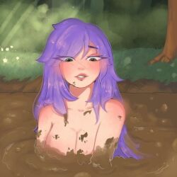 blush commission commissioner_upload green_eyes long_hair looking_down mud mud_bath mud_bubbles mud_on_breast mud_pit mud_splatter muddy muddy_hair naked naked_female original original_character purple_hair relaxing shiimu smiling smirking the_huntress wam