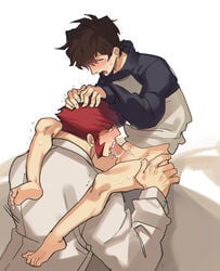 2boys barefoot bottomless brown_hair cum cum_in_mouth drooling fellatio hair kekkai_sensen klaus_von_reinhertz leonardo_watch male_only multiple_boys older_man_and_younger_boy oral orgasm_face penis red_hair saliva short_hair size_difference yaoi