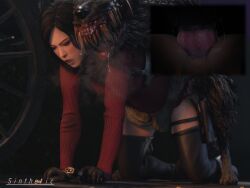 3d 3d_(artwork) ada_wong all_fours black_fur black_hair blender breath canine colmillos_(resident_evil) different_angle dress dubious_consent from_behind glowing_eyes knot leather_boots leather_gloves monster mounting pistol rape resident_evil resident_evil_4 resident_evil_4_remake saliva saliva_trail sinthetic vaginal_penetration zoophilia