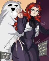 bedsheet_ghost captain_kirb costume cum cum_on_body cum_through_clothes dry_humping femboy freckles ghost glasses groping groping_breasts halloween halloween_costume hex_maniac nat_(riteliso) pale_skin red_hair unaware