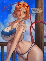 1girls bare_arms bare_legs bare_shoulders bare_thighs big_breasts blush blushedarts clothed clothing color demon_girl demon_horns demon_tail english_text female female_focus female_only heart-shaped_pupils hi_res large_breasts light-skinned_female light_skin looking_at_viewer nami nami_(one_piece) one_piece orange_eyes orange_hair panties short_hair shounen_jump solo solo_female tagme tail tattoo text text_bubble thick_thighs