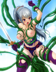 1girls areola armpit belt borurun breast_bondage breast_fondling breasts censored character_request cloth_armor clothes crotch_cutout female functionally_nude gloves grey_hair hair_band immobile legwear lift long_hair nipples open_mouth penetration ponytail purple_eyes rape restrained shreds_of_clothes spiral sword tears tentacle tied_hair torn_clothes vaginal_penetration weapon