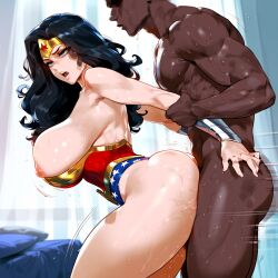 1boy 1girls ai_generated ambiguous_penetration bare_arms bare_legs bare_shoulders bare_thighs big_breasts big_penis black_hair blue_eyes blush color dark-skinned_male dark_skin dc dc_comics female floxin hi_res interracial large_breasts light-skinned_female light_skin long_hair male male/female male_penetrating muscles muscular muscular_male netorare ntr penetration penile_penetration penis_in_pussy sex superheroine tagme thick_thighs wonder_woman wonder_woman_(series)