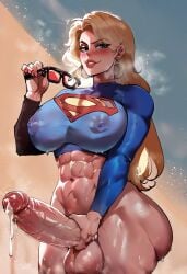 abs ai_generated blonde_hair blue_eyes blush dc dc_comics dripping_cum earrings futanari glasses holding_penis huge_ass huge_balls huge_breasts huge_cock in_heat kara_danvers kara_zor-el kryptonian muscular musk musk_clouds musky_cock oozing_precum roughtriumph supergirl superman_(series) sweat sweating tagme thiccwithaq_(ai_style)