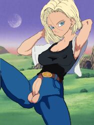 1futa android_18 balls blonde_hair breasts clothed clothing dragon_ball dragon_ball_super dragon_ball_z erection futa_is_bigger futa_is_smaller futa_only futadom futanari human light-skinned_futanari light_skin mostly_clothed penis relaxing shemale short_hair sitting solo trap tysonvega