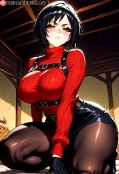 absurd_res ada_wong ai_generated arched_back black_hair blush bob_cut brown_eyes eyeshadow half-closed_eyes kneeling large_breasts looking_at_viewer makeup pantyhose red_sweater resident_evil serious short_hair the_pleasure_glade thick_thighs