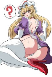 1girls 2d 321dawndawn ? ass big_ass big_breasts blonde_hair breasts dat_ass dress embarrassed exposed exposed_ass exposed_panties facing_away female garter_straps gloves hat heavenly_ass heels high_heels huge_ass long_hair looking_at_viewer looking_back looking_back_at_viewer lying lying_on_floor mob_cap open_mouth panties purple_eyes shoes sideboob solo source spoken_question_mark sweating thighhighs touhou white_background yukari_yakumo