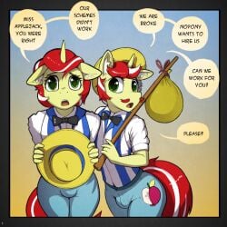 anthro applejack_(mlp) chastity_cage chastity_device comic dominant dominant_female english_text female femboy flam_(mlp) flim_(mlp) friendship_is_magic girly hasbro hi_res husdur male my_little_pony text