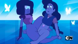 2019 2girls black_hair blush cartoon_network casual dark_skin digital_media_(artwork) female garnet_(steven_universe) gem_(species) gem_fusion glasses hi_res logo multiple_girls outdoors pussy red_skin scissoring steven_universe stevonnie tribadism uncensored unhombre