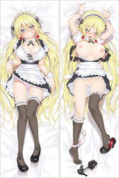 alice_(bishoujo_mangekyou) apron bent_over bishoujo_mangekyou blonde_hair blue_eyes breasts cleavage clothing dakimakura dakimakura_design dress feet female garters hair_between_eyes hands_on_hips happoubi_jin large_breasts long_hair maid maid_apron maid_headdress panties pussy ribbon ribbon-trimmed_legwear ribbon_trim shoes_removed short_dress solo thigh_gap thighhighs uncensored very_long_hair waitress wrist_cuffs