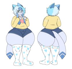 2d 2d_(artwork) anthro ass back_view big_butt blue_eyes blue_fur booty_shorts bottom_heavy bottom_heavy_femboy bottom_heavy_male bubble_butt commission commission_art commissioner_upload cute digital_drawing_(artwork) digital_media_(artwork) ear eyebrows eyebrows_visible_through_hair fan_character femboy fingers_together flat_colors freckles freckles_on_ass freckles_on_face front_view fur furry furry_only girly glaceon glacier_wynterson glasses hair hannimal heart hi_res jean_shorts jorts legwear male male_focus male_only multicolored_hair neck nerd original_character pattern_clothing pattern_socks pointy_ears pokémon_(species) pokemon reference_sheet shiny_pokemon short_hair shorts simple_background smile smiling socks solo solo_focus standing sweater tail thick_ass thick_thighs thigh_high_socks thighs two_tone_ears two_tone_hair white_background white_sclera yellow_sweater