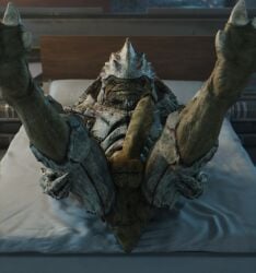 alien anus balls bed bioware electronic_arts furniture genitals hi_res krogan legs_up looking_at_viewer lying male male_only mass_effect on_back on_bed penis presenting rooking solo weird