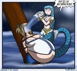 2009 2girls aquarius_(fairy_tail) belly_expansion fairy_tail female forced_drinking inflation konekoryu lucy_heartfilia mermaid stuffing tagme tied_to_pole water_inflation