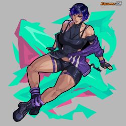 athletic athletic_female big_breasts black_hair breasts busty curvaceous curvy curvy_body curvy_female curvy_figure equinox006 female female_focus female_only hourglass_figure muscle_tone namco pinup pinup_pose pose posing purple_eyes purple_hair reina_mishima sitting tagme tekken tekken_8 tomboy toned toned_female two_tone_hair wide_hips