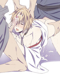 3boys anal ass blonde_hair blush bottomless chikage_kazama cum cum_on_body drooling facial fellatio group_sex hair hakuouki_shinsengumi_kitan male_only multiple_boys naughty_face oral penis saliva short_hair size_difference spitroast undressing yaoi