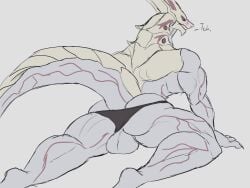 3_toes 4:3 anthro anthrofied ass bakugan balls biceps big_butt blush blush_lines bubble_butt bulge claws clothing daikuhiroshiama digital_media_(artwork) digitigrade dragon erection european_mythology feet genitals horn kneeling looking_at_viewer male membrane_(anatomy) membranous_wings muscular muscular_anthro muscular_male muscular_thighs mythological_creature mythological_scalie mythology naga_(bakugan) penis rear_view red_eyes scales scalie sega sega_toys simple_background solo tail teeth toes tongue triceps underwear vein veiny_muscles west western_dragon white_body wings