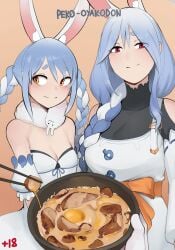 2girls animal_ears arbuzbudesh blue_hair braided_hair braided_twintails comic comic_cover comic_page female female_only food hololive hololive_fantasy hololive_japan light-skinned_female light_skin mature_female milf mother pekomama rabbit_ears twin_braids usada_pekora virtual_youtuber