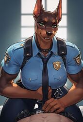 ai_generated anthro before_sex clothed dobermann female green_eyes human human_on_anthro muscular_female police_dog police_uniform seductive unclothing