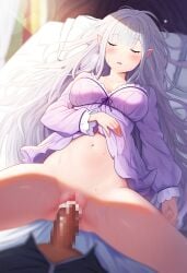 ai_generated bed bedhead big_breasts censored creampied cum_in_pussy elf elf_ears elf_female elf_girl emilia_(re:zero) female flower_in_hair flower_ornament hair_ornament half-elf light-skinned_female light_skin long_hair male male/female pointy_ears princess purple_eyes re:zero_kara_hajimeru_isekai_seikatsu royalty silver_hair sleep_molestation sleep_sex sleeping very_long_hair white_hair