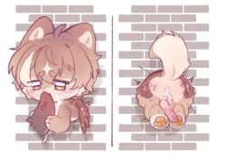 animal_ears animal_penis big_penis chibi chibi_style completely_nude cum_in_ass cute_male dog_boy femboy furry male size_difference stuck_in_wall tail