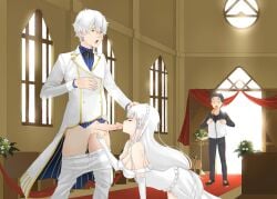 1girls 2boys ball_fondling blowjob cheating cheating_on_wedding_day cleavage clothed_sex crotch_grab cuckold defeated_heroine elbow_gloves elf elf_ears elf_female elf_girl emilia_(re:zero) enemies_to_lovers facial fellatio female forced_marriage grabbing_balls hand_on_another's_head holding_head kissing_penis kneeling leo_(artist) married_couple married_woman natsuki_subaru netorare ntr pants_down penis re:zero_kara_hajimeru_isekai_seikatsu regulus_corneas ripped_clothing silver_hair standing testicle_grab walk-in wedding wedding_dress white_hair