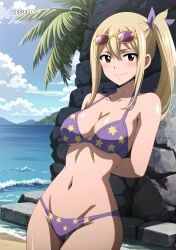 1girls ai_generated bikini blesseddo blonde_hair breasts cleavage fairy_tail looking_at_viewer lucy_heartfilia short_hair solo water