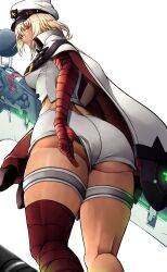 1girls absurdres adjusting_clothes ass bandages big_ass blonde_hair border butt_crack cape closed_mouth dark-skinned_female dark_skin female female_only fingerless_gloves floating floating_object from_behind gloves guilty_gear guilty_gear_strive hair_between_eyes hand_under_clothes hand_under_shorts hat highres huge_weapon leg_up long_hair looking_at_viewer looking_back lucifero_(guilty_gear) military_hat orange_eyes petting ramlethal_valentine short_shorts shorts simple_background solo souma_(so_u_maaaaa) sword tan thick_thighs thigh_strap thighs toned weapon white_background white_border white_cape white_gloves