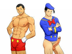 2boys abs black_hair bottomless bulge censor_bar censored cosplay costume crossed_arms disney donald_duck donald_duck_(cosplay) erect_nipples erection gloves humanized male_only mickey_mouse mickey_mouse_(cosplay) multiple_boys muscle pecs penis pointless_censoring sailor_suit shirtless shorts tagme testicles topless white_background yaoi