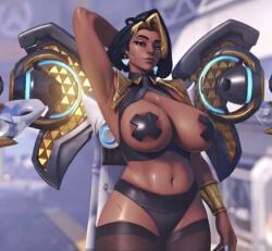 1girls 3d ai_generated am0 armpit_fetish armpits big_breasts breasts_out cleavage covered_nipples cross_pasties dark-skinned_female dark_skin domina female female_focus female_only hand_behind_head huge_breasts indian indian_female large_breasts midriff navel overwatch overwatch_2 panties pasties tagme third-party_edit two-tone_hair underwear x_pasties