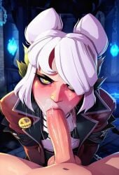 ai_generated annoyed deadlock detailed_background graves_(deadlock) nude_male on_knees oral unamused